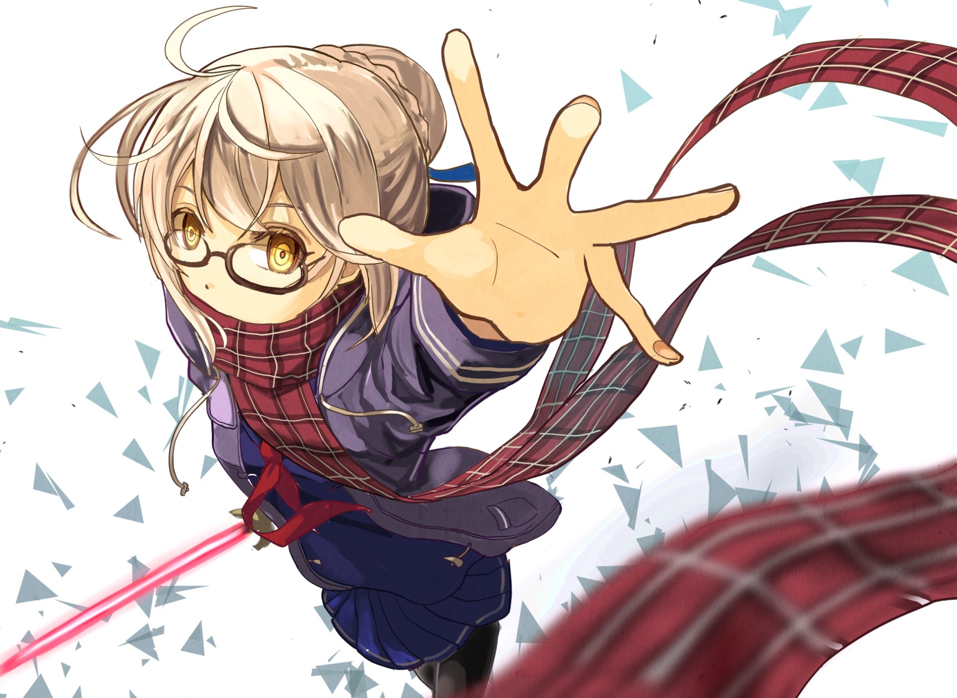 HD desktop wallpaper featuring Saber from the Fate Series, also known as Heroine X from Fate/Grand Order. The anime character is depicted with a dynamic pose, glasses, and a red scarf.