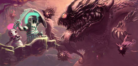 A fantasy warrior in armor wields a sword, facing a monstrous creature in a dark, eerie landscape. This HD PC desktop wallpaper captures a dramatic knight versus beast battle.