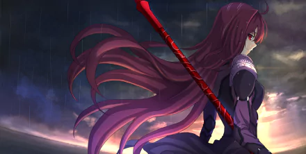 HD desktop wallpaper featuring Scathach from Fate/Grand Order in an anime style, set against a moody sky background with long flowing hair and a red spear.