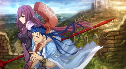 HD desktop wallpaper featuring Scathach and Lancer from Fate/Grand Order. The anime characters are set against a scenic background with a distant castle and blue skies.