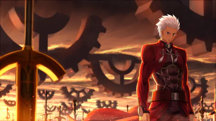 HD PC desktop wallpaper featuring Archer from the anime Fate/Stay Night: Unlimited Blade Works in front of giant floating gears at sunset.