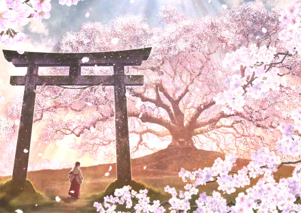 Anime HD wallpaper featuring a person in traditional costume at a shrine, surrounded by blooming cherry blossoms and pink petals, with a large tree in the background during spring.