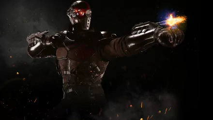 HD desktop wallpaper of Deadshot from DC Comics' video game Injustice 2, showcasing his helmet and dual-wielding guns in an intense, action-packed scene.