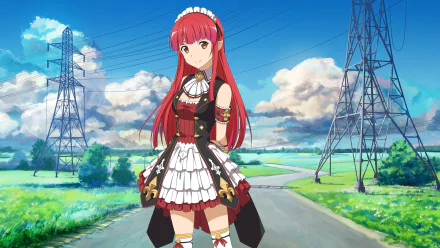 Rain from Sword Art Online: Lost Song stands on a rural road under a bright blue sky with power lines, in this vibrant 4K Ultra HD anime wallpaper.