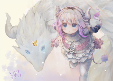 HD desktop wallpaper featuring Kanna Kamui from the anime Miss Kobayashi's Dragon Maid, depicted with a large white dragon. The artwork showcases intricate details and a pastel color palette.
