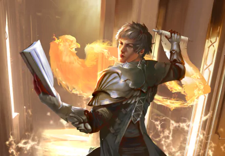 A mage clad in armor summons a fiery phoenix from an open book in a dramatic scene from Arena: the Contest. 4K Ultra HD PC desktop wallpaper.