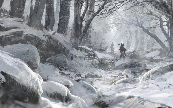 HD sci-fi warrior stands amidst a snowy winter forest during a soft snowfall, creating a serene yet otherworldly atmosphere in this detailed desktop wallpaper.