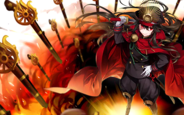 HD desktop wallpaper featuring the Demon Archer from Fate/Grand Order. This anime character stands amidst a fiery battlefield with arrows flying, showcasing a dynamic and intense scene.