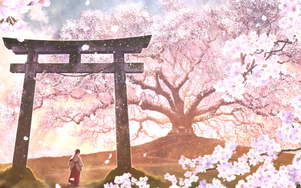 Anime HD wallpaper featuring a person in traditional costume at a shrine, surrounded by blooming cherry blossoms and pink petals, with a large tree in the background during spring.