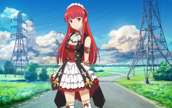 Rain from Sword Art Online: Lost Song stands on a rural road under a bright blue sky with power lines, in this vibrant 4K Ultra HD anime wallpaper.