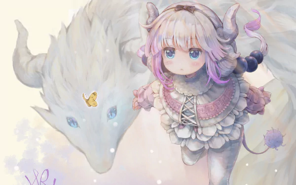 HD desktop wallpaper featuring Kanna Kamui from the anime Miss Kobayashi's Dragon Maid, depicted with a large white dragon. The artwork showcases intricate details and a pastel color palette.