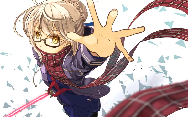HD desktop wallpaper featuring Saber from the Fate Series, also known as Heroine X from Fate/Grand Order. The anime character is depicted with a dynamic pose, glasses, and a red scarf.