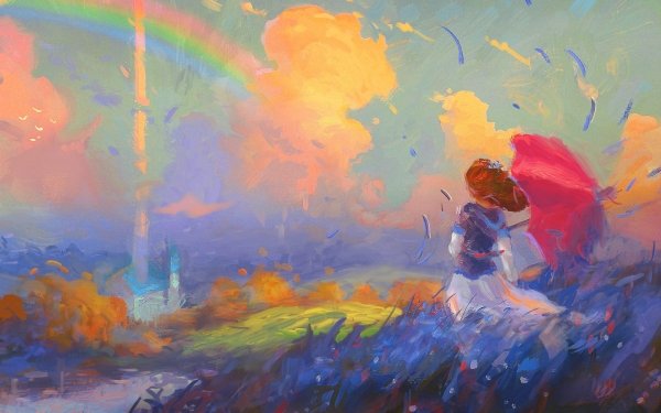 Artistic Painting Umbrella Colors Landscape Cloud Red Hair HD Wallpaper | Background Image