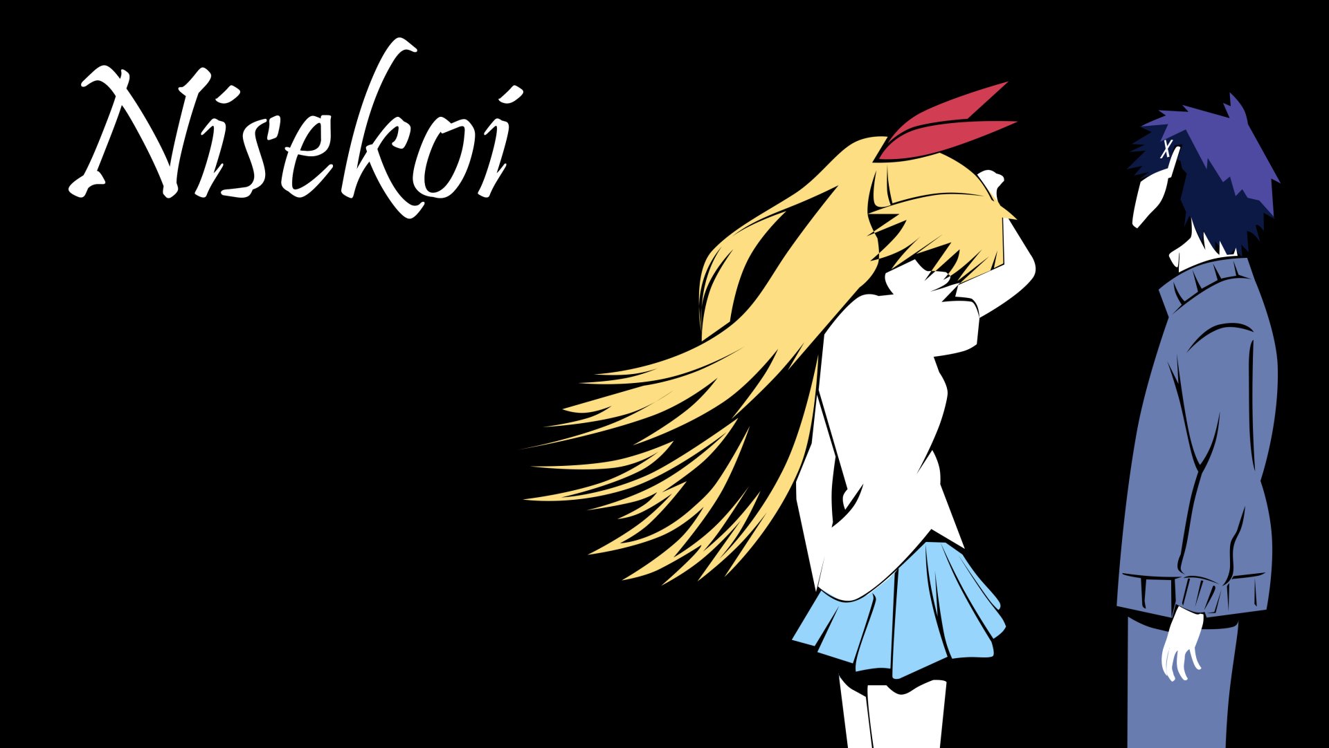 4K Ultra HD wallpaper featuring anime characters Raku Ichijō and Chitoge Kirisaki from Nisekoi, showcased with a minimalist black background and stylized design.