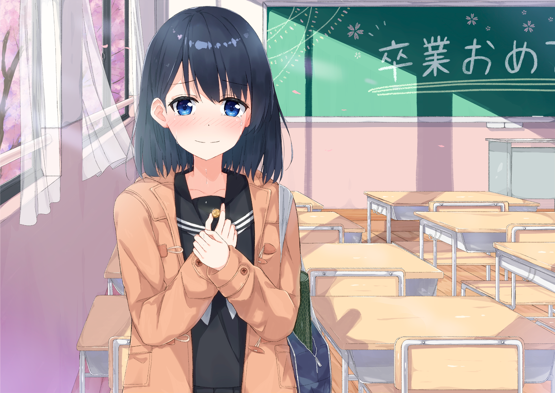HD desktop wallpaper featuring an original anime character with dark blue hair in a classroom, sunlight streaming through the windows and a message in Japanese on the chalkboard.