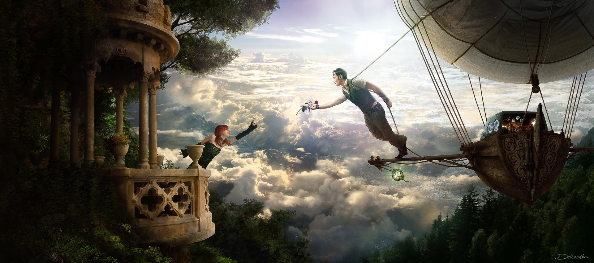 Steampunk fantasy scene of a man handing a rose to a woman on a balcony from a hot air balloon, set against a cloudy sky. HD desktop wallpaper.