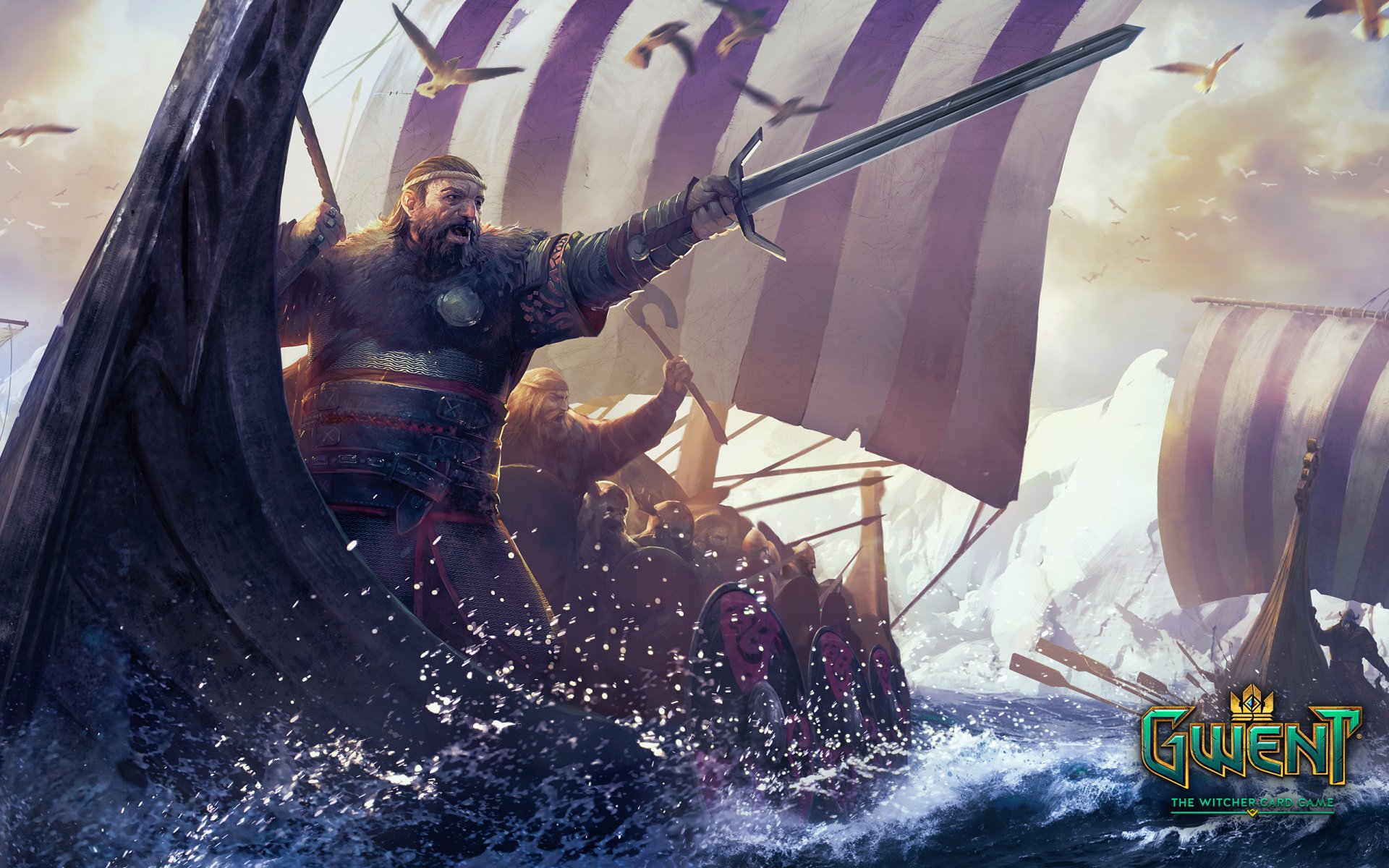 Gwent: The Witcher Card Game video game 2K Quad HD PC desktop wallpaper/background — Viking longships crashing through waves, armed warriors and striped sails under stormy skies.