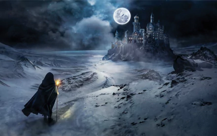 A cloaked figure with a lantern walks toward a majestic castle under a full moon in a snowy winter night, creating a fantasy adventure atmosphere.