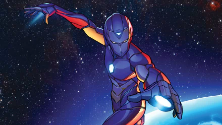 HD desktop wallpaper of Riri Williams as Ironheart from Marvel Comics, depicted in sleek Iron Man armor against a starry space background.