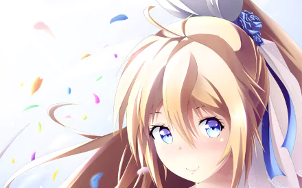 HD PC desktop wallpaper of Chitoge Kirisaki (Nisekoi): close-up anime portrait with blue eyes, flowing blonde hair tied with ribbons, soft lighting and colorful confetti on a pale background.