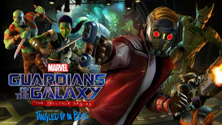 HD PC wallpaper of Guardians of the Galaxy video game: Star-Lord firing a blaster with Rocket Raccoon, Gamora, Drax the Destroyer and Groot behind — art from Guardians of the Galaxy: The Telltale Series