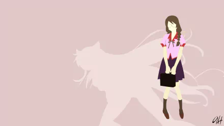 Minimalist HD desktop wallpaper featuring Tsubasa Hanekawa (Nekomonogatari: Kuro, Monogatari) standing beside a large catlike shadow on a pale pink background.