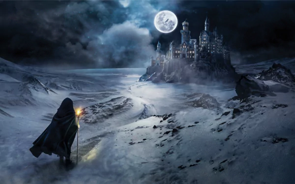 A cloaked figure with a lantern walks toward a majestic castle under a full moon in a snowy winter night, creating a fantasy adventure atmosphere.