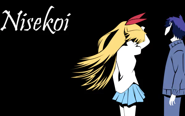 4K Ultra HD wallpaper featuring anime characters Raku Ichijō and Chitoge Kirisaki from Nisekoi, showcased with a minimalist black background and stylized design.