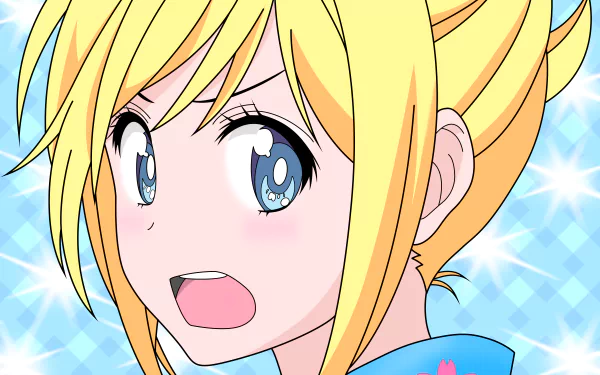 Chitoge Kirisaki from Nisekoi — anime-style close-up in vibrant 8K Ultra HD PC desktop wallpaper, surprised expression against a sparkling blue background.