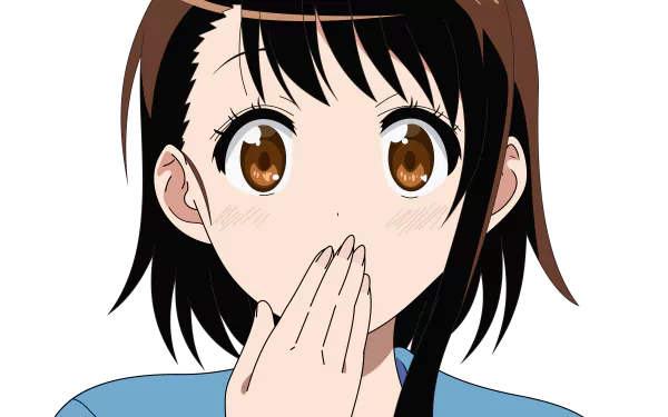 Kosaki Onodera (Nisekoi) with hand over mouth, wide brown eyes and blue top — 8K Ultra HD anime PC desktop wallpaper