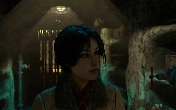 Kate Walker (Syberia 3) in a dim cavern, green light on her face — detailed 4K Ultra HD PC desktop wallpaper/background from the Syberia video game.