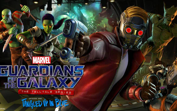 HD PC wallpaper of Guardians of the Galaxy video game: Star-Lord firing a blaster with Rocket Raccoon, Gamora, Drax the Destroyer and Groot behind — art from Guardians of the Galaxy: The Telltale Series