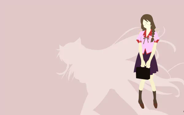 Minimalist HD desktop wallpaper featuring Tsubasa Hanekawa (Nekomonogatari: Kuro, Monogatari) standing beside a large catlike shadow on a pale pink background.