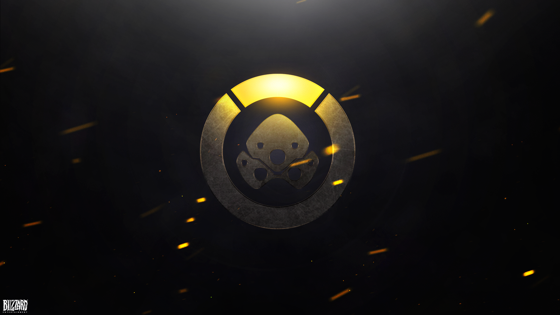 HD PC desktop wallpaper featuring the Widowmaker logo from the Overwatch video game, set against a dark background with glowing embers.