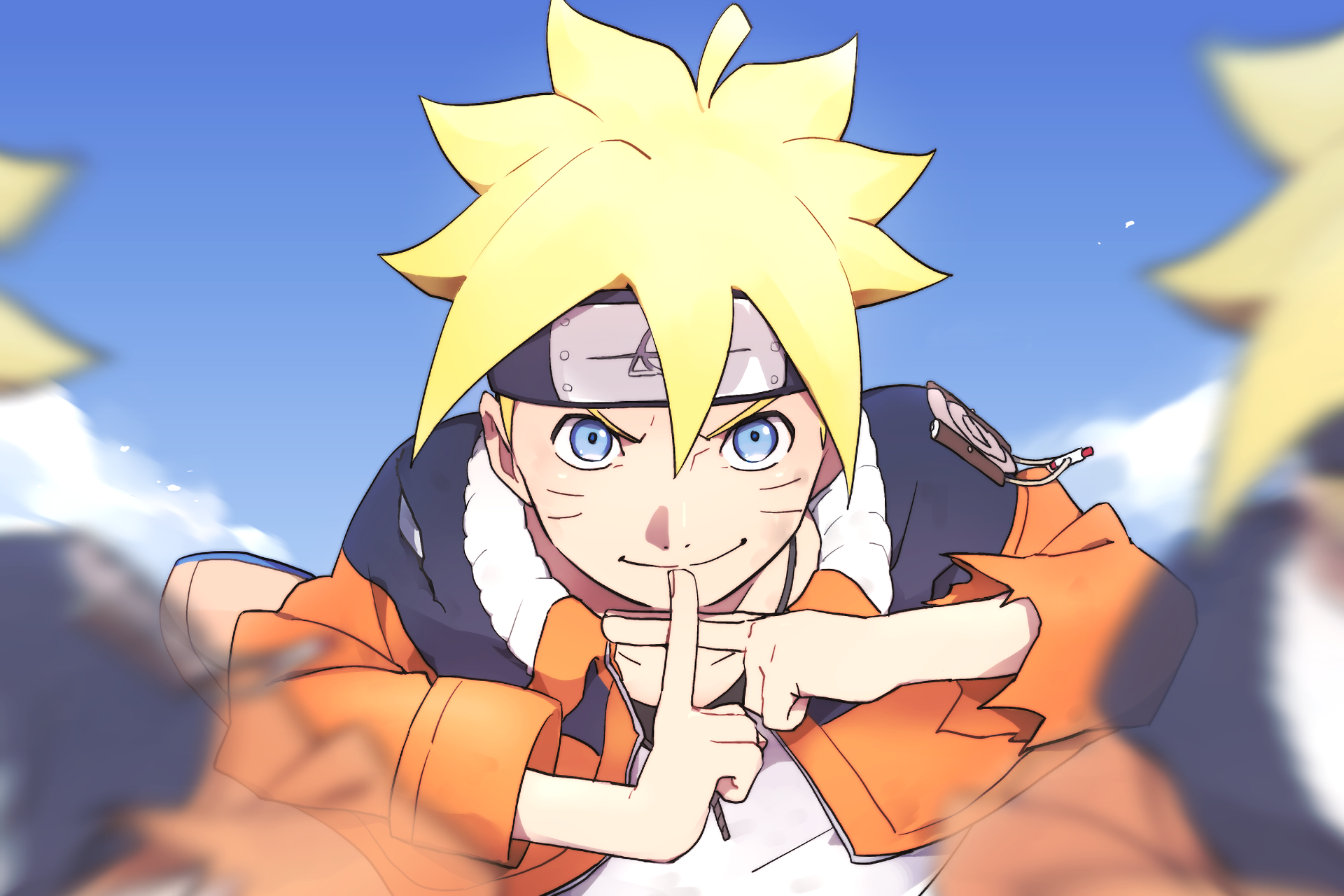 HD PC desktop wallpaper featuring Boruto Uzumaki from the anime Boruto, depicted performing a ninja hand sign against a clear blue sky background.
