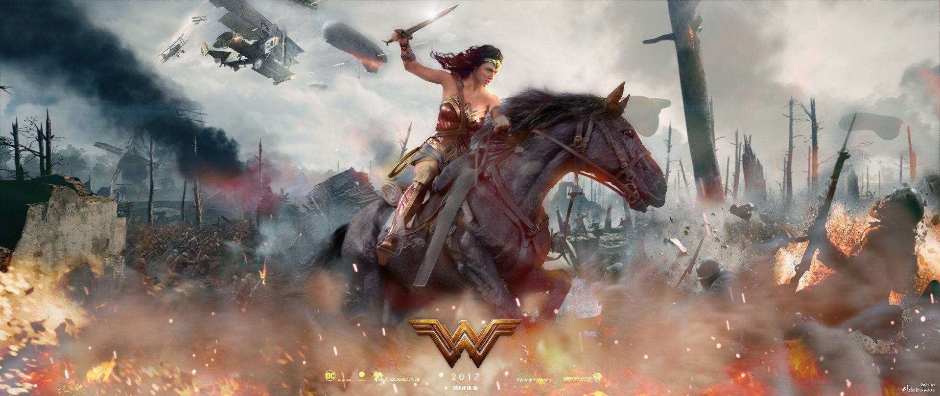 HD desktop wallpaper showcasing Wonder Woman, played by Gal Gadot, riding a horse amidst a battlefield scene from the movie Wonder Woman.