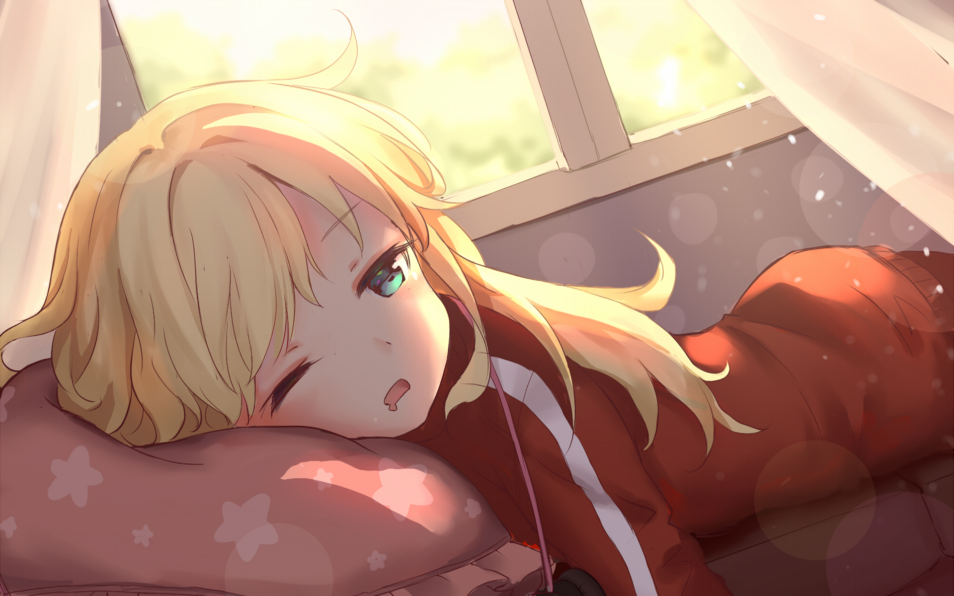 HD PC desktop wallpaper featuring Gabriel Tenma White from the anime Gabriel DropOut, resting on a pillow with sunlight streaming through a window behind her.