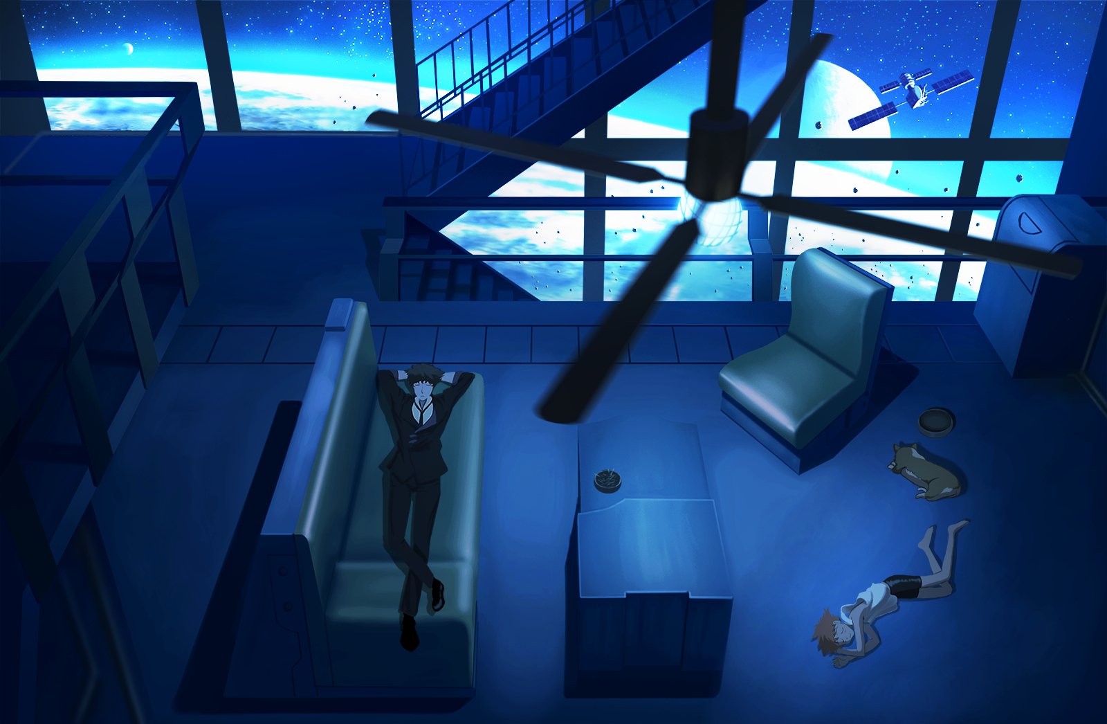 HD PC desktop wallpaper from the anime Cowboy Bebop, showing two characters relaxing in a spacious, futuristic room with a large window revealing outer space.
