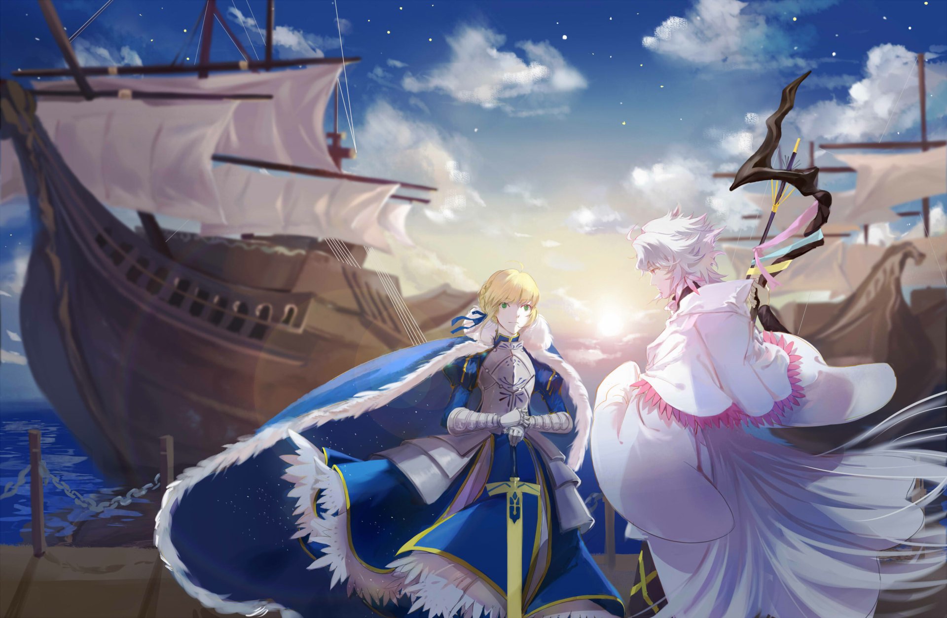 Fate Series Epic: Saber & Merlin Clash on the High Seas – HD Anime Wallpaper