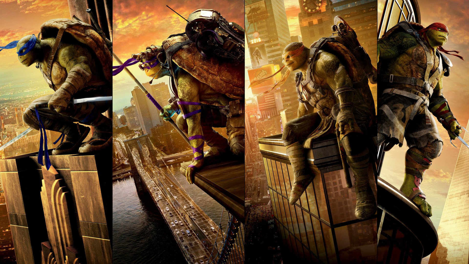 HD PC desktop wallpaper of Teenage Mutant Ninja Turtles: Out of the Shadows — four turtles perched on skyscraper ledges above a glowing city skyline at sunset.