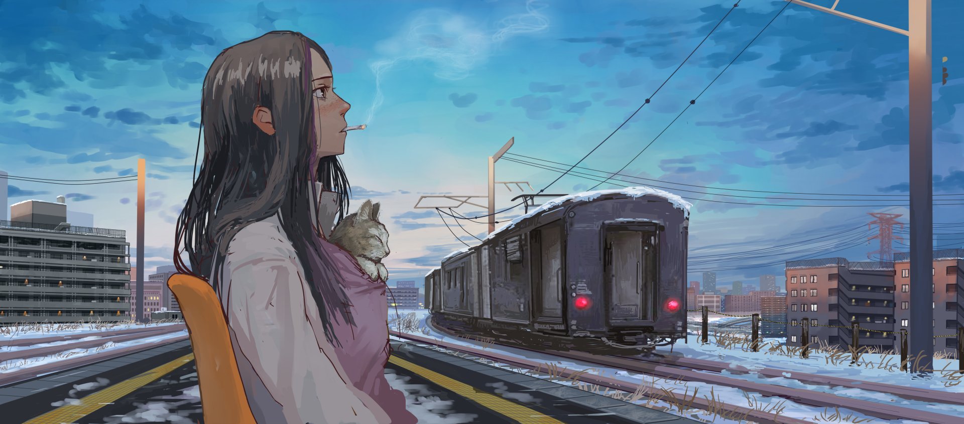 Anime-style 4K Ultra HD desktop wallpaper featuring a woman holding a cat on a snowy platform as a train departs under a bright blue sky.