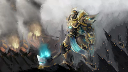 HD desktop wallpaper featuring Reinhardt from the video game Overwatch, standing valiantly in his armor amidst a battlefield with bright flames and heavy smoke.