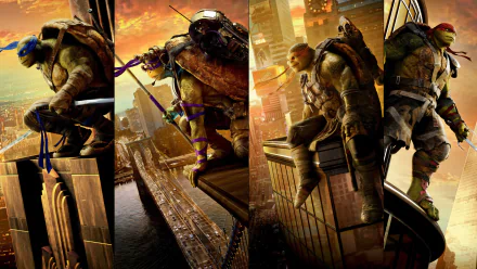 HD PC desktop wallpaper of Teenage Mutant Ninja Turtles: Out of the Shadows — four turtles perched on skyscraper ledges above a glowing city skyline at sunset.