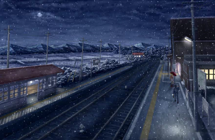 Anime-style HD desktop wallpaper of a snowy winter night at a quiet train station, with softly falling snow and dark mountains in the background.
