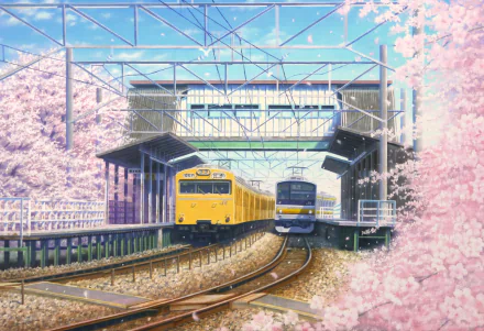 HD anime desktop wallpaper featuring two trains passing through a station framed by blooming cherry blossoms under a clear blue sky.