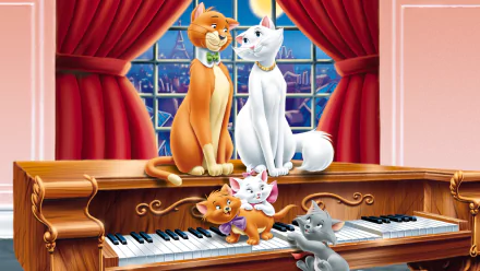 HD PC desktop wallpaper featuring characters from the movie The Aristocats sitting and playing on a piano with a cityscape visible through a window.