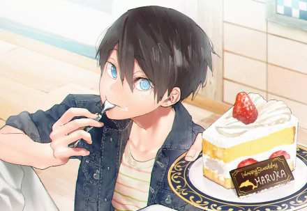 HD PC desktop wallpaper of Haruka Nanase (Free!) from the anime Free!, casually eating a slice of strawberry cake in a sunlit tiled kitchen.