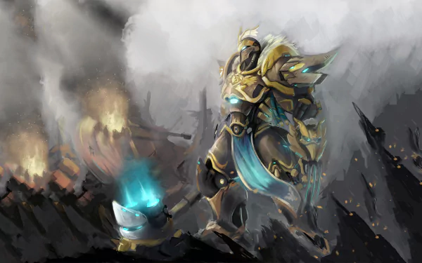 HD desktop wallpaper featuring Reinhardt from the video game Overwatch, standing valiantly in his armor amidst a battlefield with bright flames and heavy smoke.