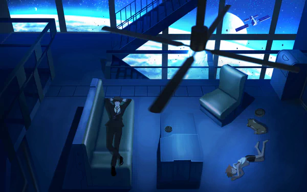 HD PC desktop wallpaper from the anime Cowboy Bebop, showing two characters relaxing in a spacious, futuristic room with a large window revealing outer space.