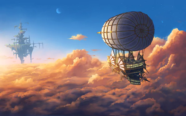 A captivating anime-style HD desktop wallpaper featuring an airship floating above a sea of clouds, with a distant floating tower under a moonlit sky.